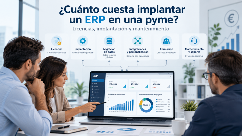 Imagen informativa sobre cuánto cuesta implantar un ERP en una pyme, incluyendo licencias, implantación, migración, formación y mantenimiento.